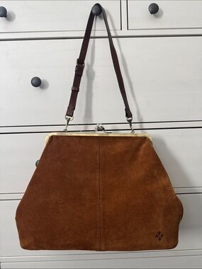 Patricia Nash Suede Serafina Satchel in Cognac Brown with Dark Brown Strap.